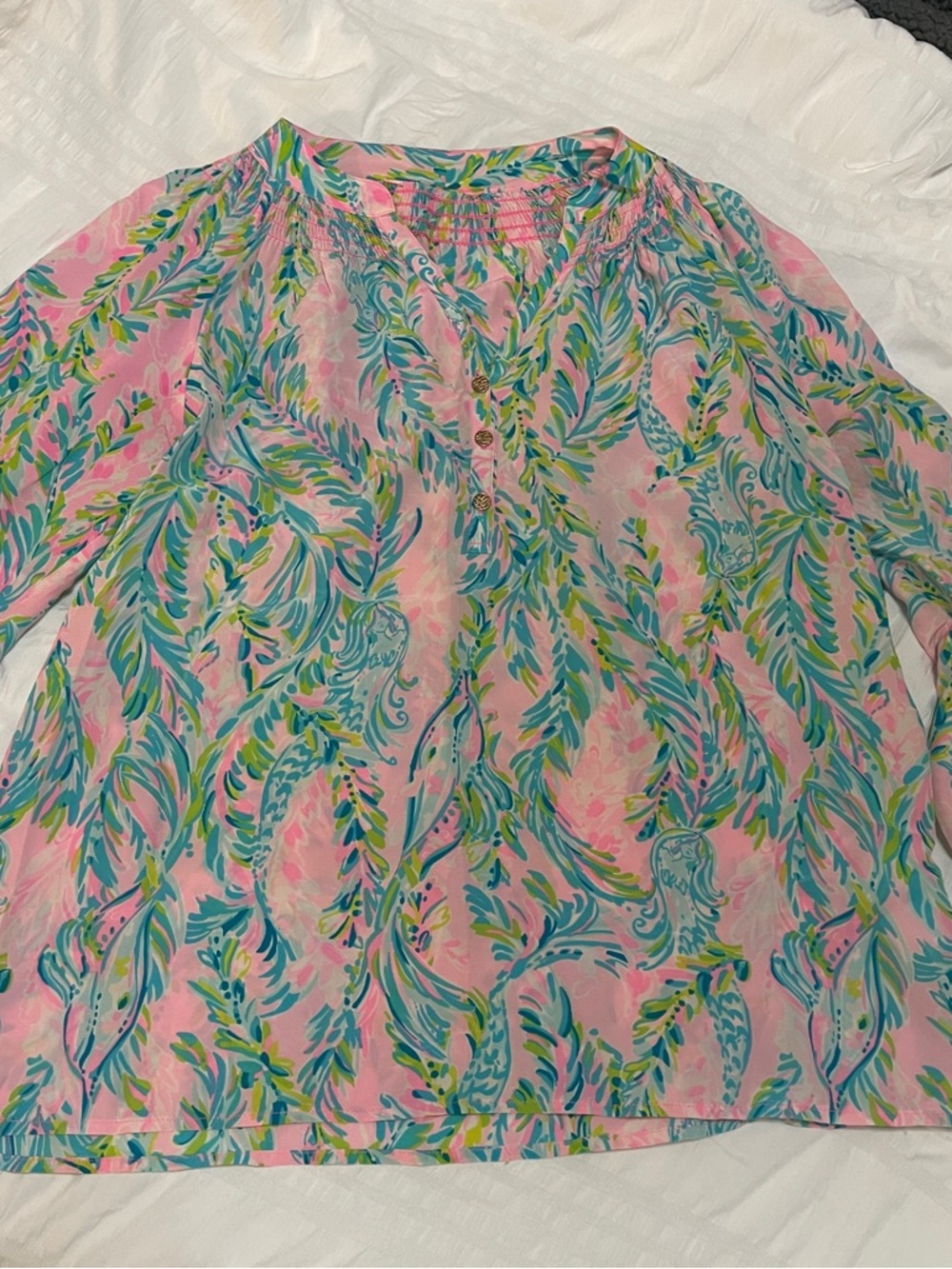 Lilly Pulitzer Pink Floral Swirl Women's Blouse - Lightweight Long Sleeve Top